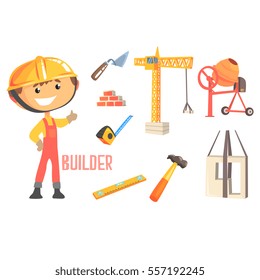 Boy Builder, Kids Future Dream Construction Worker Professional Occupation Illustration With Related To Profession Objects