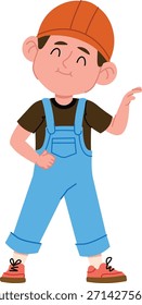 Boy constructor en monos de olas con una sonrisa, con gorra y zapato de trabajo, de pie con pose segura. Símbolo de trabajo en equipo, trabajo, servicio y ayuda amistosa. Ilustración vectorial de dibujos animados.