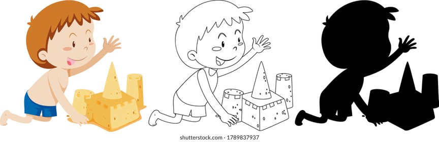 Boy building sand castle with its outline and silhouette illustration