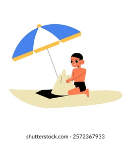 Boy Building A Sandcastle Under A Beach Umbrella In Flat Vector Illustration Symbolizing Creativity, Leisure, And Summer Fun, Isolated On White Background