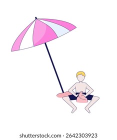 Boy building sandcastle under tilted beach umbrella 2D cartoon character. Male child in swim trunks playing with sand castle flat vector faceless person isolated on white. Spot illustration colorful