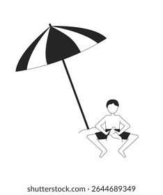 Garoto construindo um castelo de areia sob o personagem de linha 2D do guarda-chuva de praia inclinado. Criança masculina em troncos de natação brincando com castelo de areia isolada vetor tinta contorno pessoa sem rosto. Ilustração de ponto monocromático