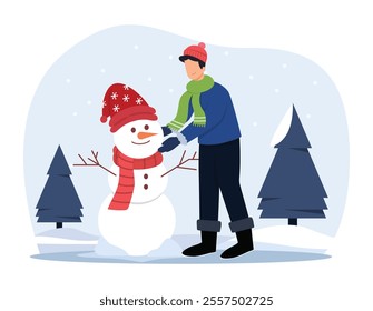 A boy building snowman winter scene snowy landscape. Playing snowman in winter Illustration. Winter fun activity.