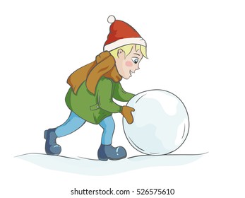 Boy builds a snowman, rolling a snowball. Isolated vector illustration