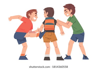 Boy Bullied by Others, Two Boys Mocking, Laughing and Attacking Weaker Victim, Mockery and Bullying at School Problem Cartoon Style Vector Illustration