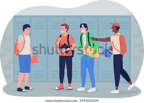 Boy bullied\
at school 2D vector isolated illustration. Peer pressure. Children\
mock and bully at high school flat characters on cartoon\
background. Teenager problem colourful\
scene