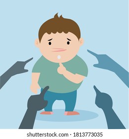A boy is bullied in school.Other boys' hands pointing at the victim.