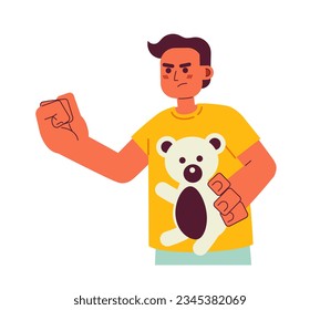 El chico amedrentador con carácter vector de color semiplano. Niño enojado sosteniendo un oso de juguete relleno. Media persona de cuerpo editable en blanco. Ilustración simple de dibujos animados para el diseño gráfico web