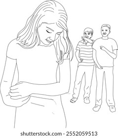 boy bullying a girl. the girl feel sad. line drawing 