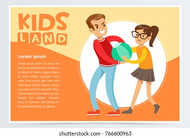 Boy bullying a girl, teen kids quarreling, aggressive behavior, kids land banner flat vector element for website or mobile app