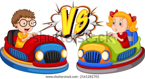 A boy\
bumper car vs a girl bumper car\
illustration