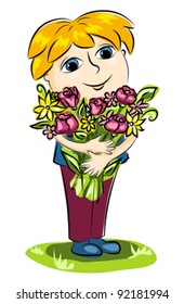 The boy with a bunch of flowers. Cartoon vector illustration.