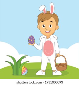 Boy in bunny costume and hunting easter eggs 