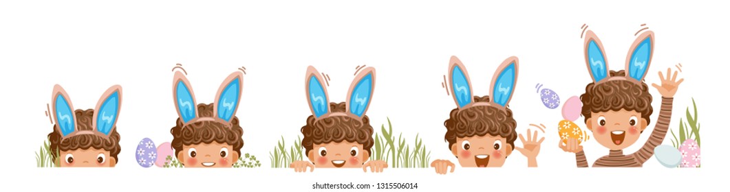 Boy with bunny ears. Gradually emerged step. peeking from beneath the green grass. Waiting for the easter rabbit. Laughing baby with bunny ears, Suspenders hunting for easter eggs in a green grass. 