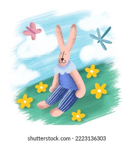 Boy bunny sitting on the lawn. Cute bunny characters sit on the grass. Vector illustration 