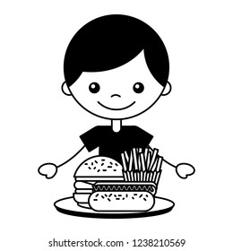 boy with burger hot dog and french fries