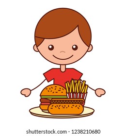 boy with burger hot dog and french fries
