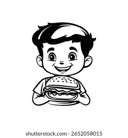 Garoto com um vetor de hambúrguer - Criança bonita segurando um hambúrguer para menus infantis e temas de fast food Cartoon Boy e hambúrguer - Divertida ilustração de comida para produtos infantis e marca de lanche	
