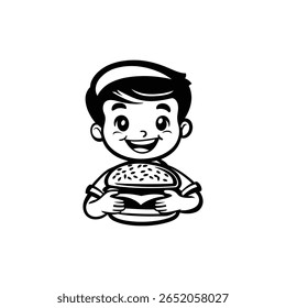 Garoto com um vetor de hambúrguer - Criança bonita segurando um hambúrguer para menus infantis e temas de fast food Cartoon Boy e hambúrguer - Divertida ilustração de comida para produtos infantis e marca de lanche	