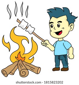 boy is burning marshmello. cartoon illustration cute sticker