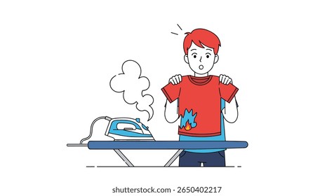 Menino queima camisa com ferro enquanto passa roupas em uma tábua com vapor subindo do ferro