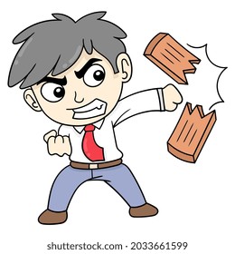 boy businessman is struggling with work problems, vector illustration art. doodle icon image kawaii.