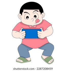 boy is busy seriously playing game from smartphone. vector design illustration art