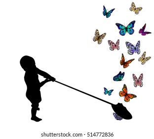 boy with a butterfly net and butterflies. Vector