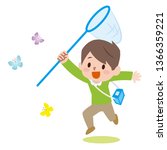 Boy with a butterfly net catching butterflies.