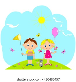 boy with a butterfly net, a girl  with a ball and a cat on a green meadow, illustration, vector