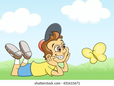 Boy and butterfly on meadow