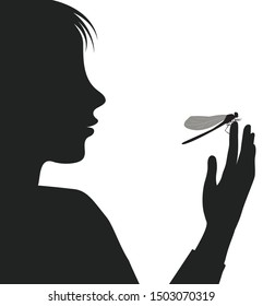 boy and butterfly, try to catch butterfly, study the insect, silhouette scene, black and white story, entomology, vector