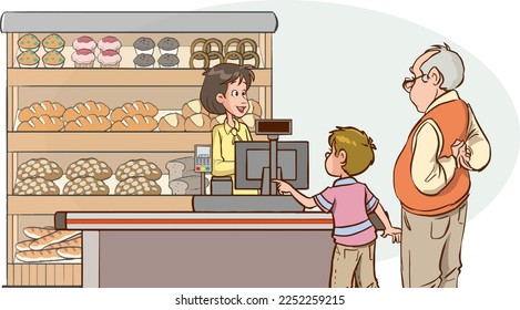 boy buying bread from the bakery cartoon vector