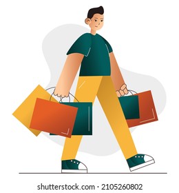 El chico compra ropa en la tienda. Hombre con bolsas llenas de ropa. Ilustración de material vectorial. Plantilla de tienda aislada Eps 10. Concepto de compras