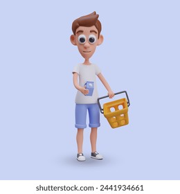 Boy buys groceries. Vector character holding empty shopping cart and box of cream