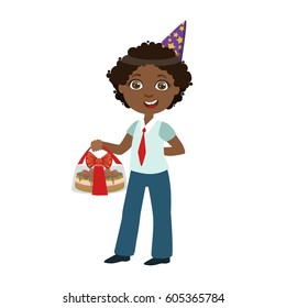 Boy With Cake In Box, Part Of Kids At The Birthday Party Set Of Cute Cartoon Characters With Celebration Attributes
