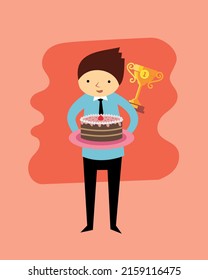 Ein Junge mit einem Kuchen und einer Tasse in den Händen. Der Gewinner erhielt einen Preis.