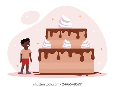 Boy with cake. Little kid with dessert and delicacy. Child with homemade pastry and bakery, sweet food. Birthday holiday and festival. Cartoon flat vector illustration isolated on white background