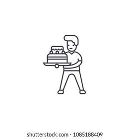 boy with a cake vector line icon, sign, illustration on background, editable strokes