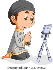 The boy is call the family in the eid al fitr's day of illustration