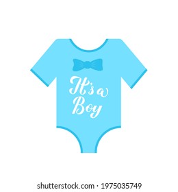 Its A Boy Calligraphy Hand Lettering On Blue Baby Onesie. Gender Reveal Sign. Baby Shower Decorations. Vector Template For Invitation, Greeting Card, Banner, Typography Poster, Label, Etc.