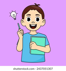 The boy came up with a great idea, he raises his hand with a pen, a light bulb appears next to him and holds a notepad