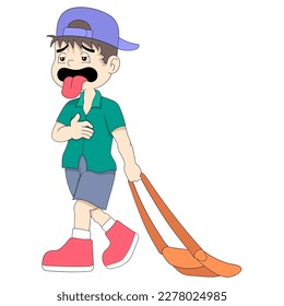 boy came home from school limp because of hunger stomach ache. vector design illustration art