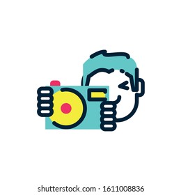 Boy with camera device design, Gadget technology photography equipment digital photo focus and electronic theme Vector illustration
