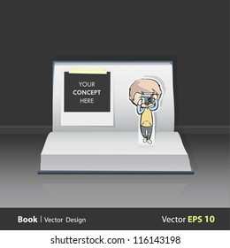 Boy with camera inside a pop-up book. Vector illustration.