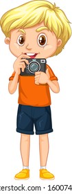 Boy with camera on white background illustration