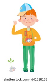 Boy with camera on white background