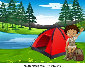 A boy camping in forest illustration