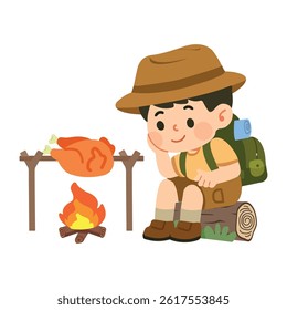 Boy Camping with Roasting Chicken cartoon