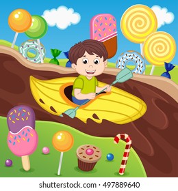 boy in a canoe floating on a chocolate river- vector illustration, eps
